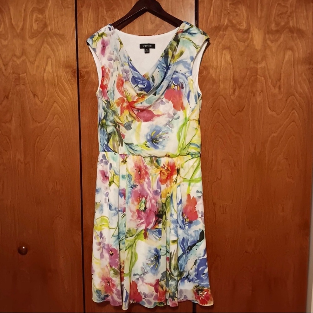 Chetta B Sleeveless Drape Neck Full Skirt Watercolor Floral Dress Size 12